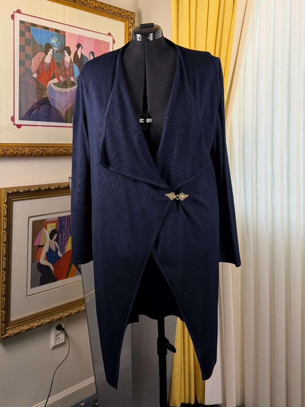 ST. JOHN COLLECTION NAVY DRAPED OPEN-FRONT CLASP-CLOSE DUSTER CARDIGAN